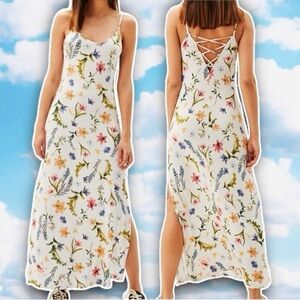 BERSHKA Botanical Floral Lace Up Back Maxi Slip Dress Cottagecore Prairie Boho